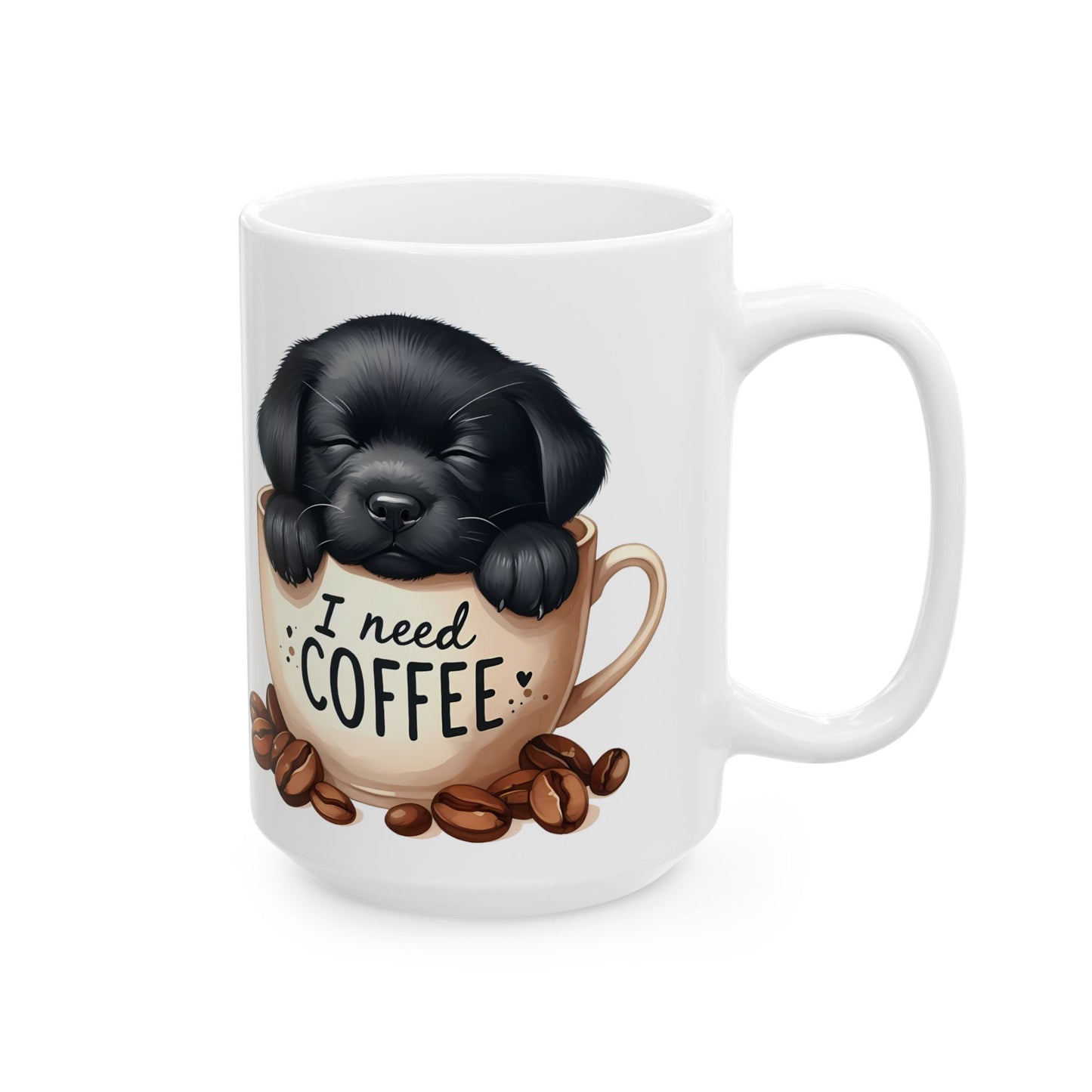 Personalized Puppy Coffee Mug - Cute Cat in Cup Illustration, "I Need Coffee" Ceramic Mug (11oz/15oz)