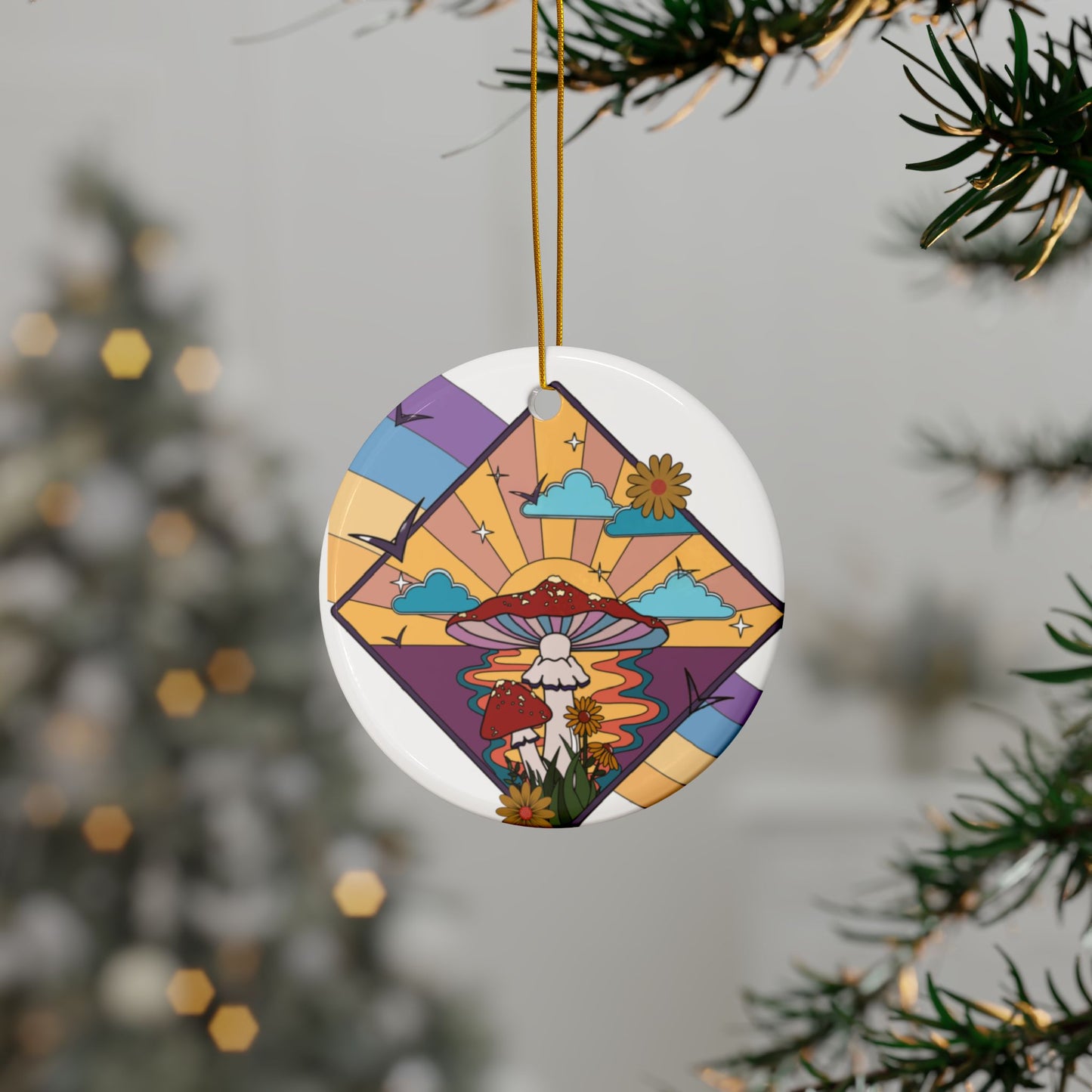 Boho Ornament, Bohemian Style Ornament, Sunset Mushroom Ceramic Ornaments, Whimsical Nature Decor, Holiday Gift, Home Decor, Double-Sided Print, Seasonal Ornament