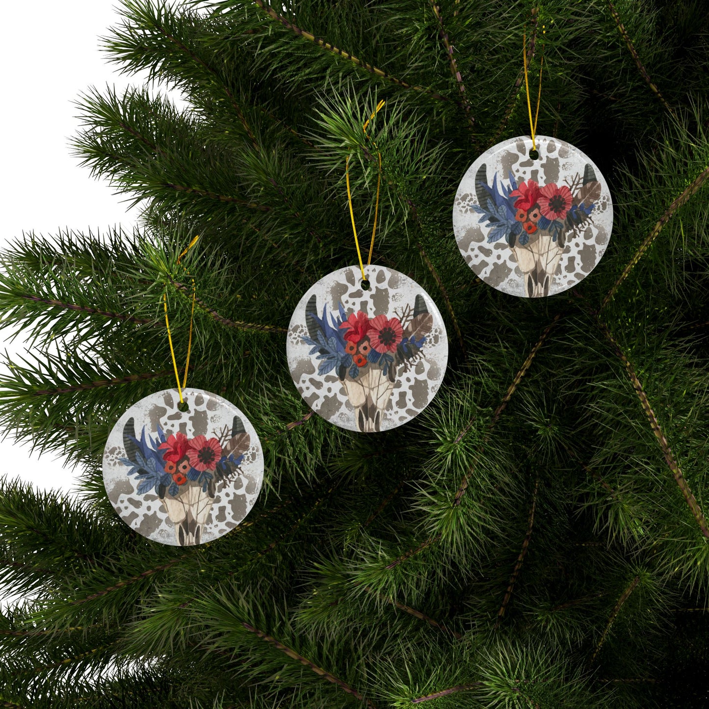 Ornament Cow Skull with Flowers