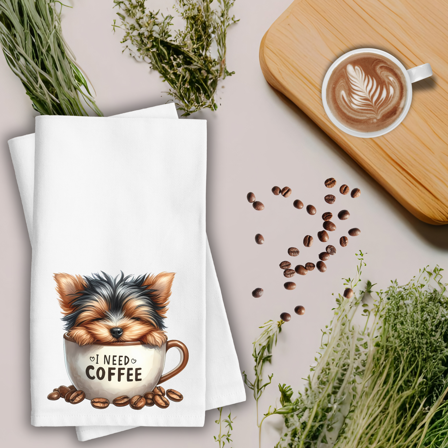 Yorkshire Terrier Waffle Weave Kitchen Towel, Puppy Kitchen Towel, Coffee Kitchen Towel