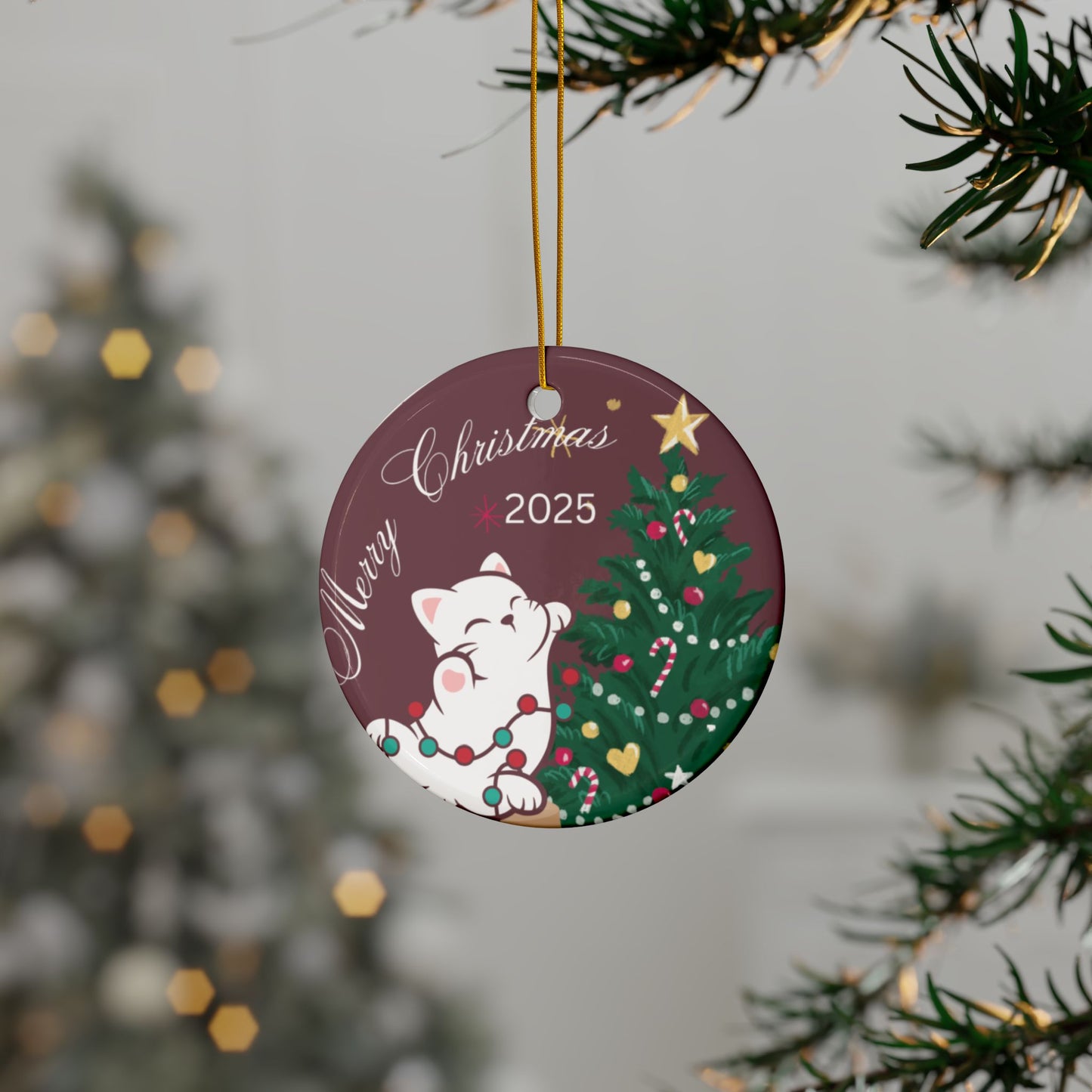 Ceramic Ornaments - Anime Style Cat Decorating a Christmas Tree