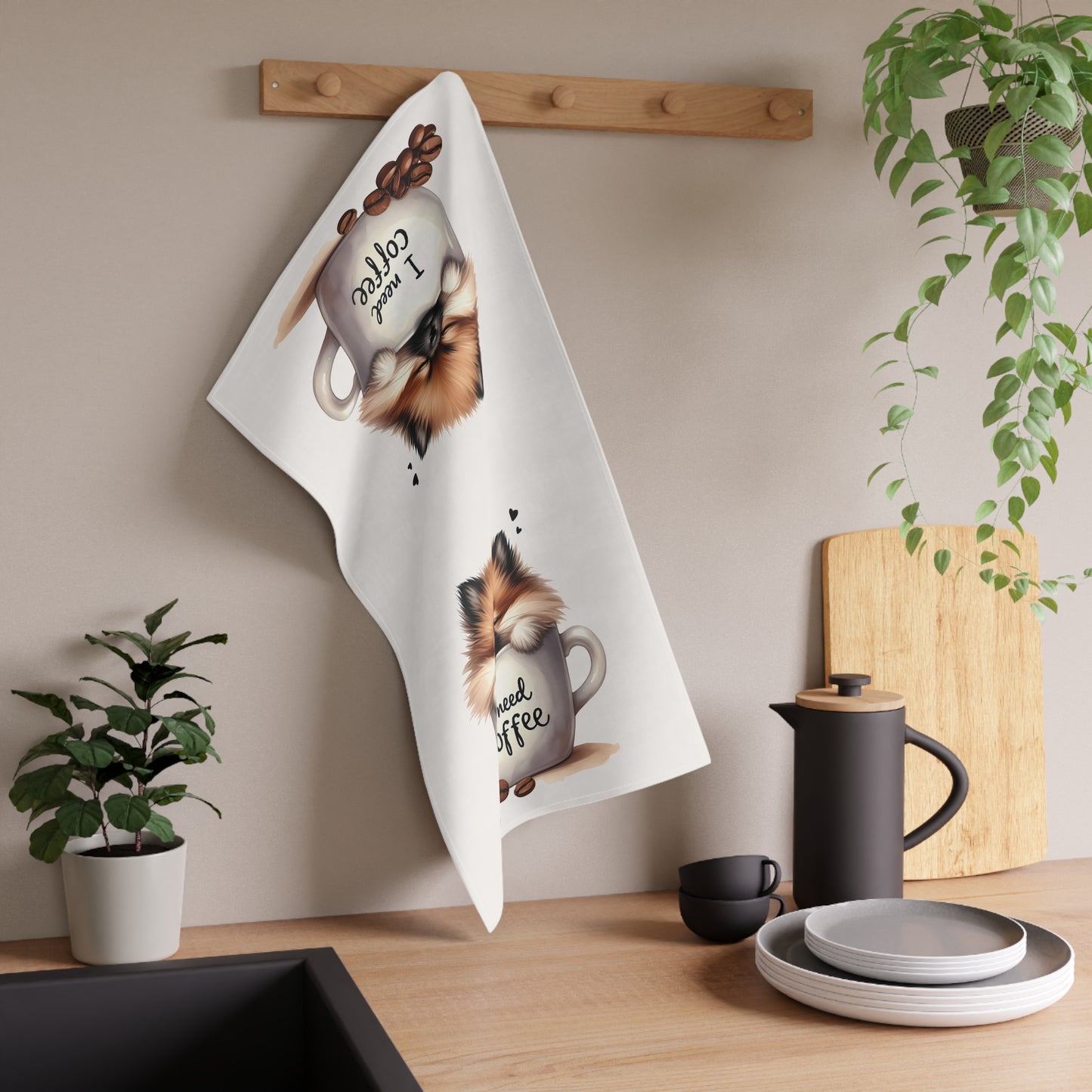 Coffee Lovers Tea Towels - Cute Pomeranian Design, Pomeranian Puppy Tea Towel