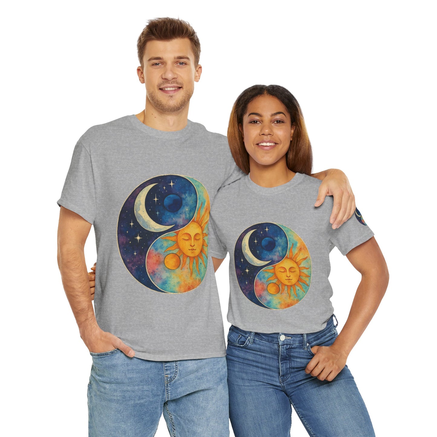 Sun & Moon Yin Yang T‑Shirt — Celestial Vintage Sunface and Crescent Moon Tee