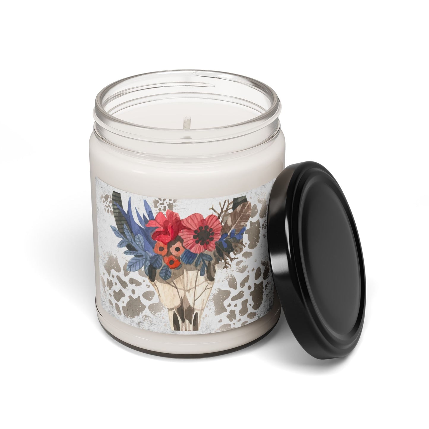 Scented Soy Candle, 9oz, floral cow skull, floral cow, cow skull candle, southwestern design