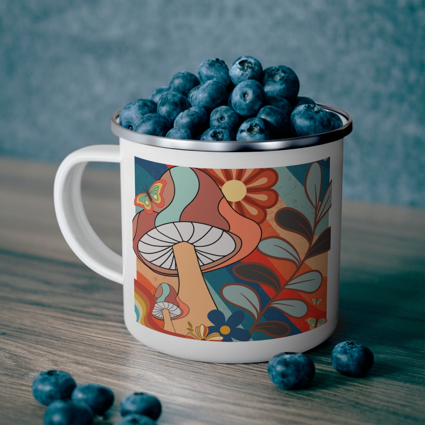 Nature-Inspired Enamel Camping Mug with Colorful Mushroom Design, Boho Camping Mug