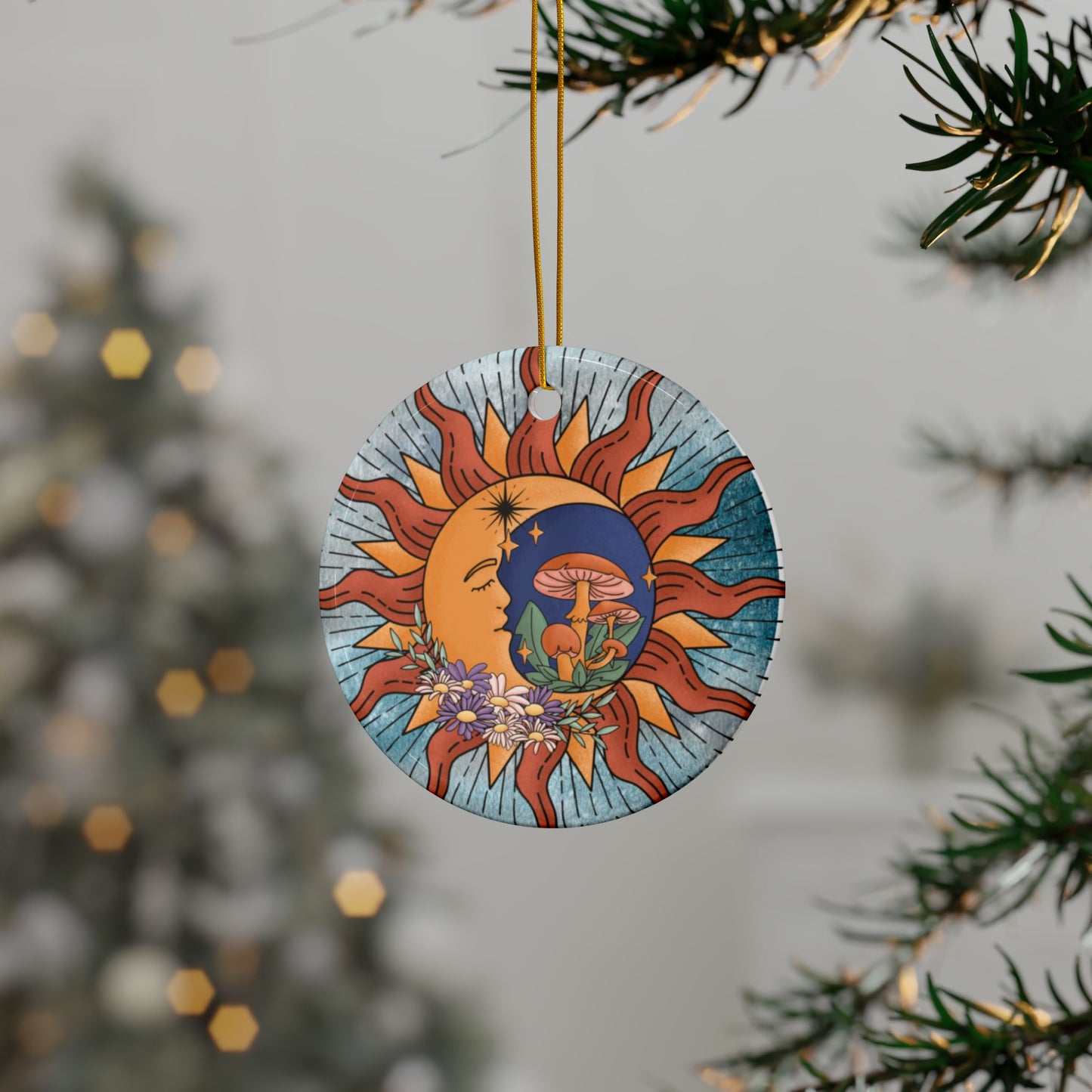 Celestial Ornament, Sun & Moon Ceramic Ornaments, Whimsical Decor for Holidays, Unique Gifts, Home Accents, 2-Sided Print, Festive Keepsakes