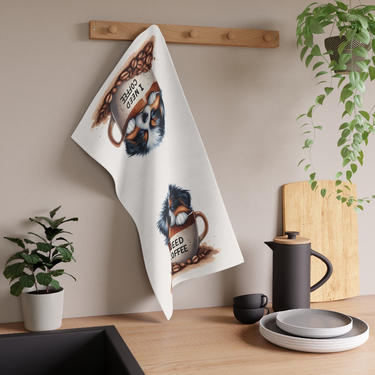 Cute Coffee Dog Tea Towels - "I Need Coffee" Design, Aussie Puppy