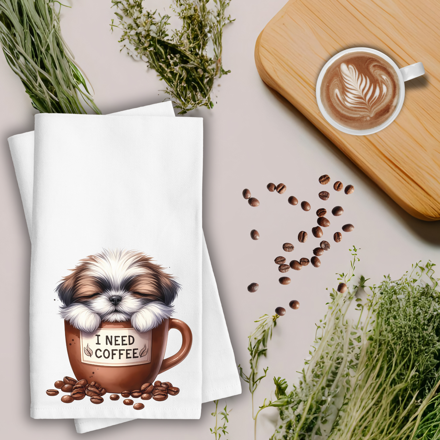 Shih-tzu Waffle Weave Kitchen Towel, Puppy Kitchen Towel, Coffee Kitchen Towel