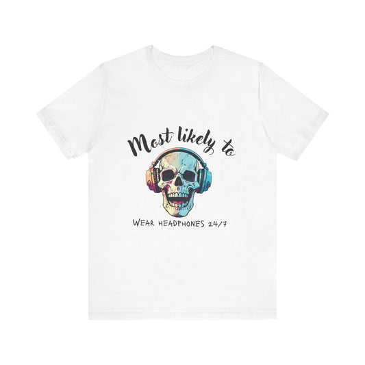Unisex Jersey Short Sleeve Tee, skull wearing earphones, skull gamer, gamer, tie dye