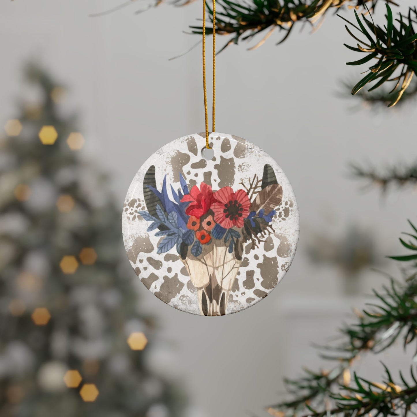 Ornament Cow Skull with Flowers