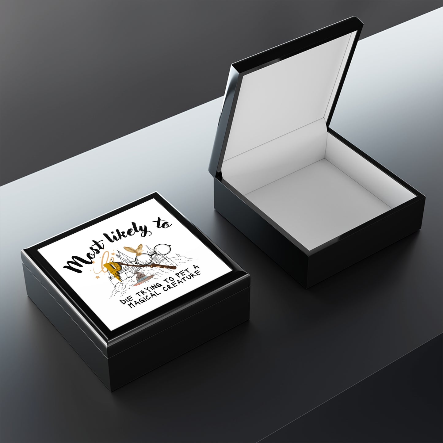 Harry Potter-Inspired Keepsake Box - Magical Creature Jewelry Box - "Most Likely to Die Trying to Pet a Magical Creature"
