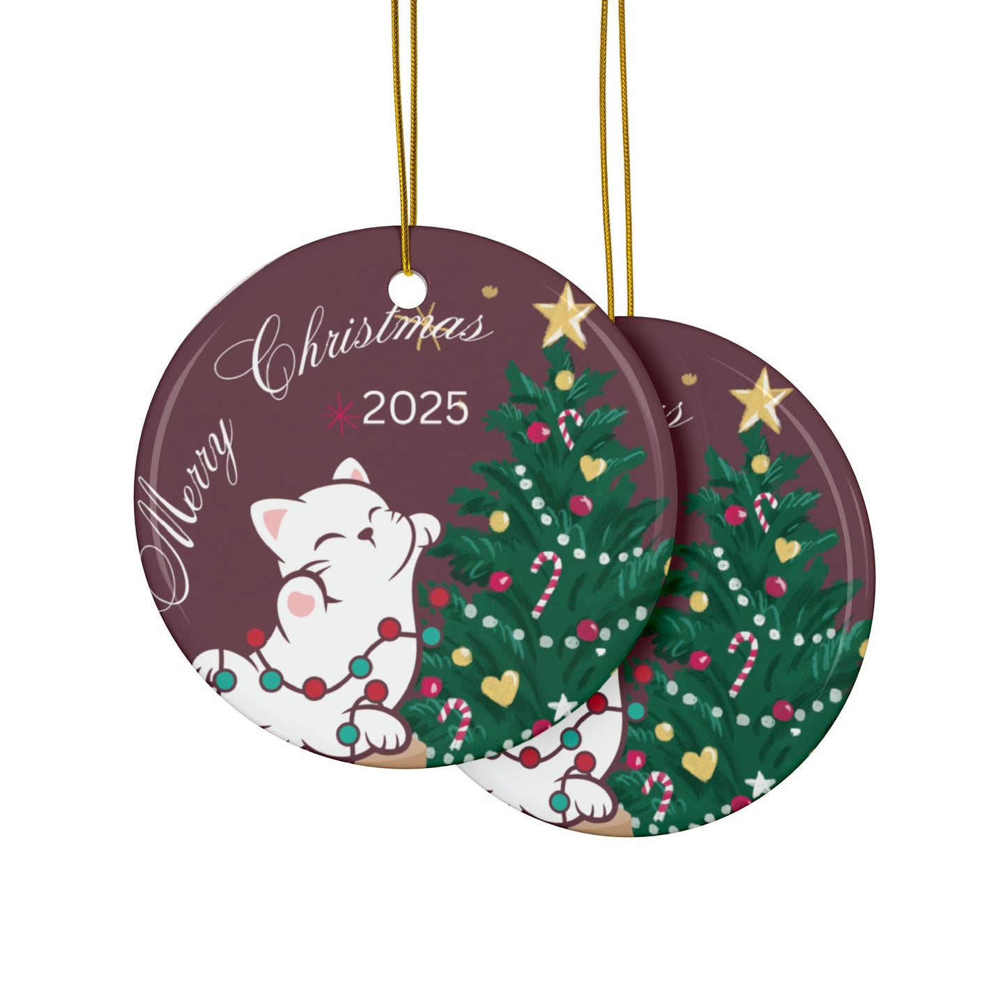Ceramic Ornaments - Anime Style Cat Decorating a Christmas Tree