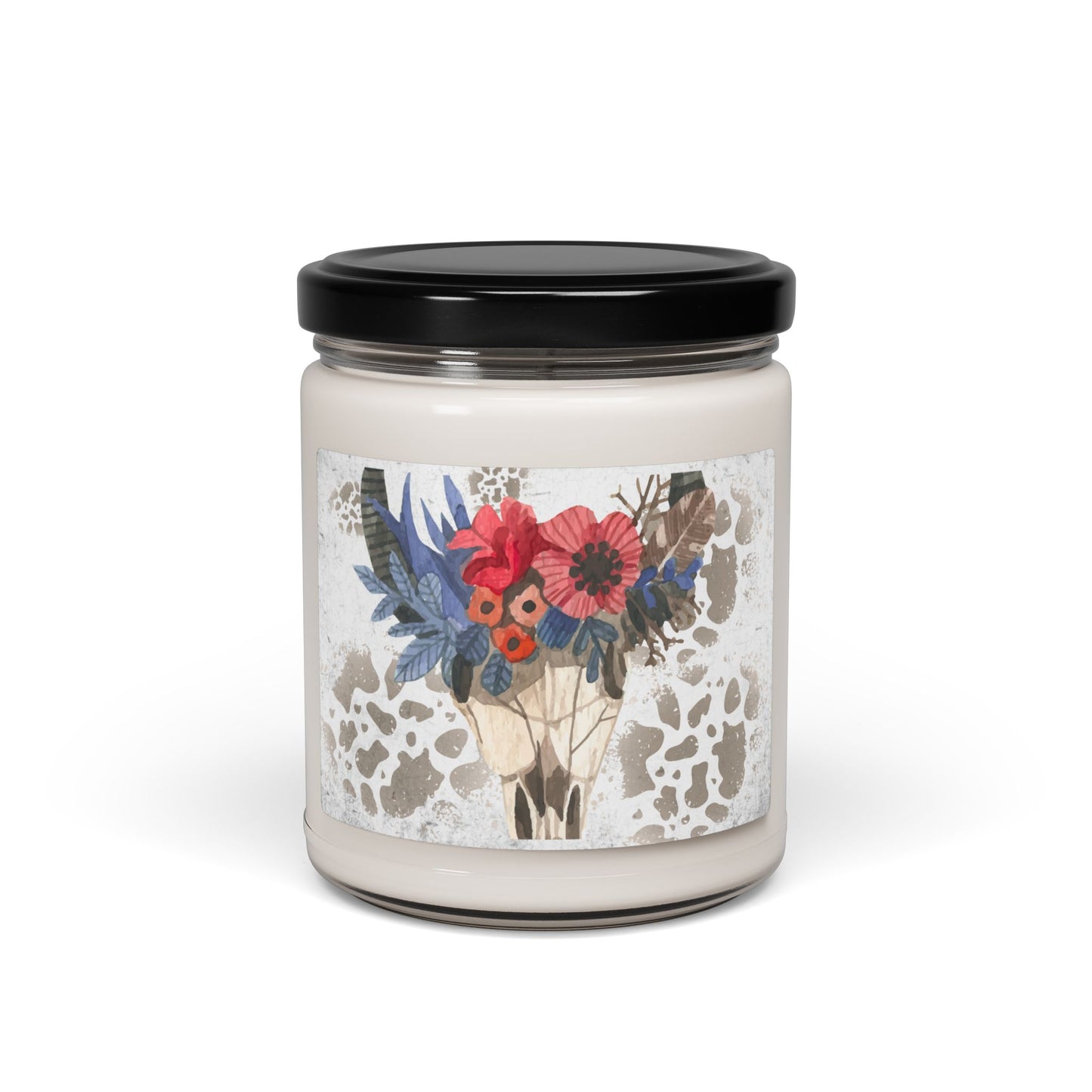 Scented Soy Candle, 9oz, floral cow skull, floral cow, cow skull candle, southwestern design