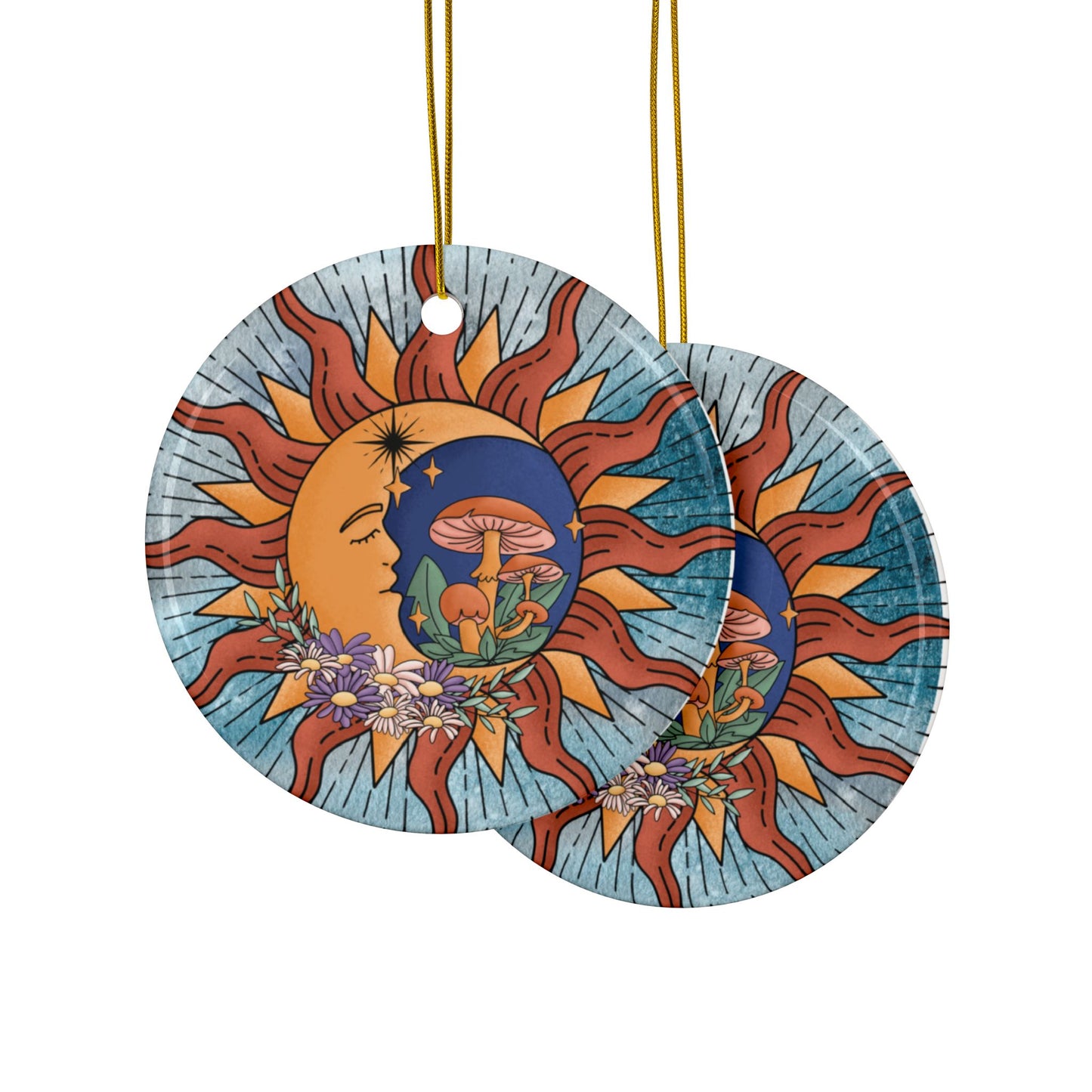 Celestial Ornament, Sun & Moon Ceramic Ornaments, Whimsical Decor for Holidays, Unique Gifts, Home Accents, 2-Sided Print, Festive Keepsakes