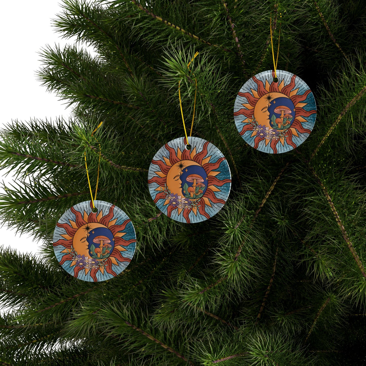 Celestial Ornament, Sun & Moon Ceramic Ornaments, Whimsical Decor for Holidays, Unique Gifts, Home Accents, 2-Sided Print, Festive Keepsakes