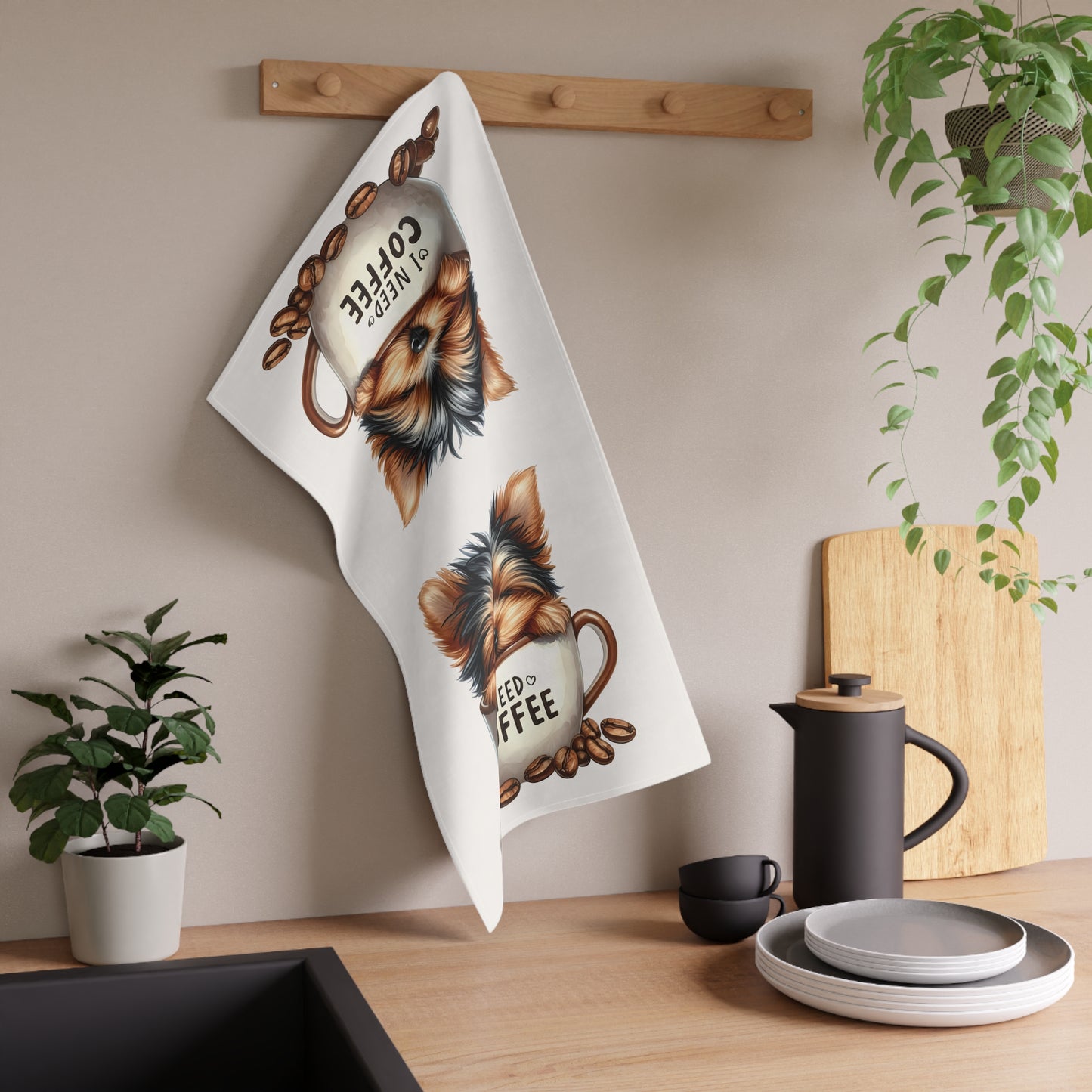 Coffee-Loving Dog Tea Towels, Yorkie Tea Towel, Yorkshire Terrier Tea Towel