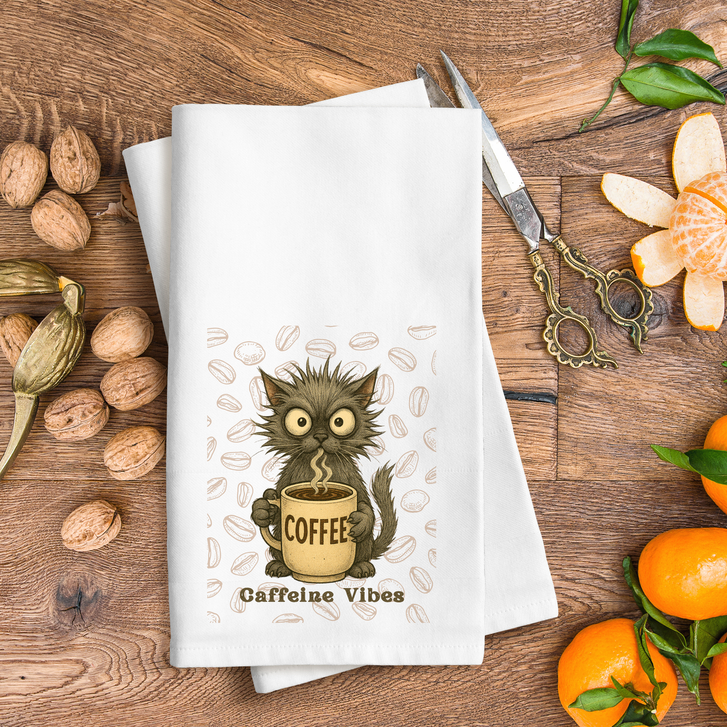 Caffeine Vibes Waffle Weave Kitchen Towel, I Need Coffee Towel, Cat Towel