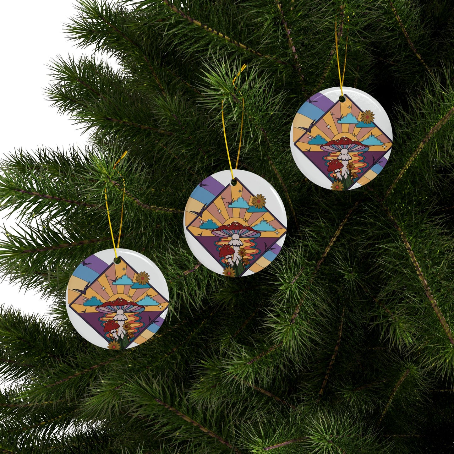Boho Ornament, Bohemian Style Ornament, Sunset Mushroom Ceramic Ornaments, Whimsical Nature Decor, Holiday Gift, Home Decor, Double-Sided Print, Seasonal Ornament