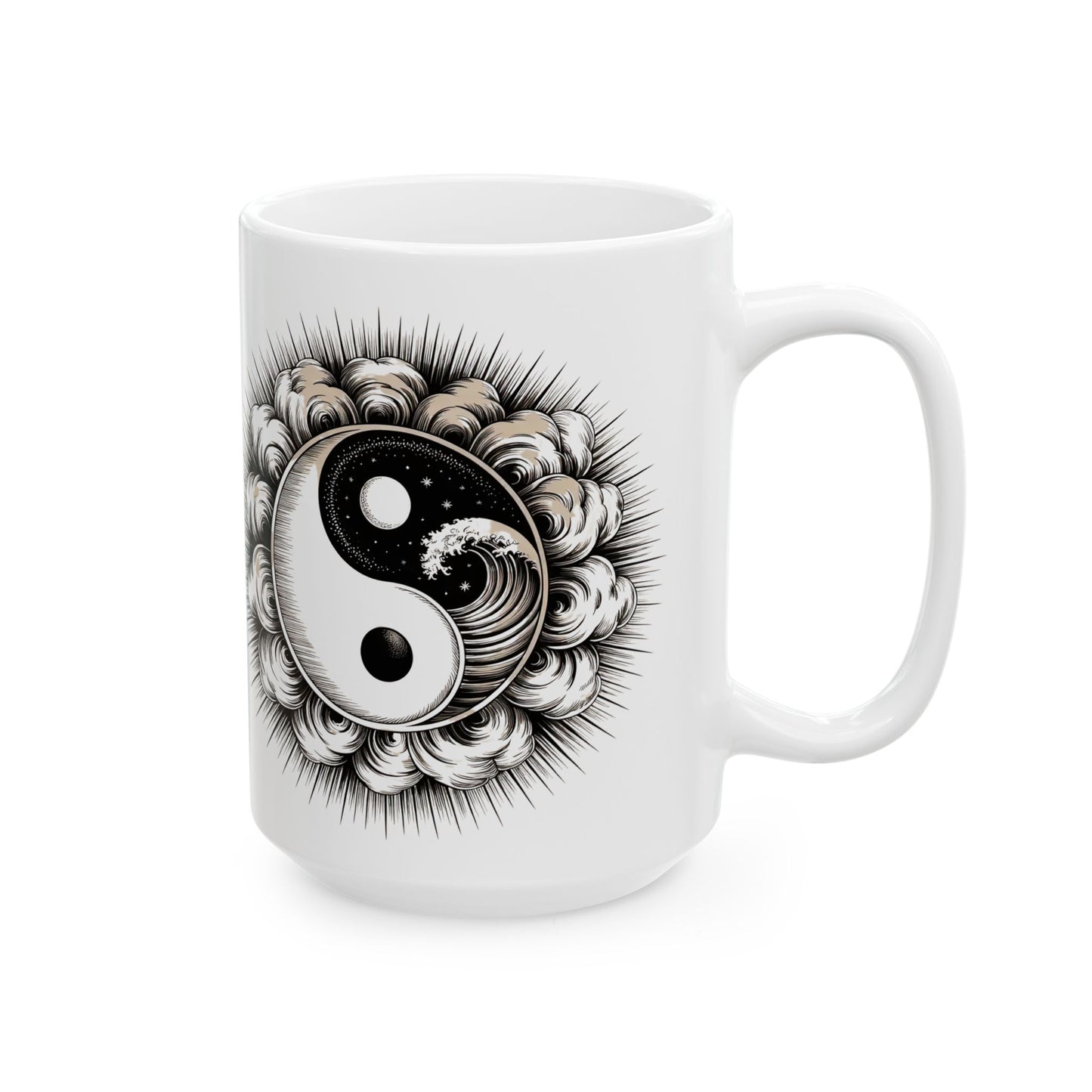 Personalized Yin Yang Sunburst Ceramic Mug – Boho Spiritual Coffee Cup (11oz & 15oz)