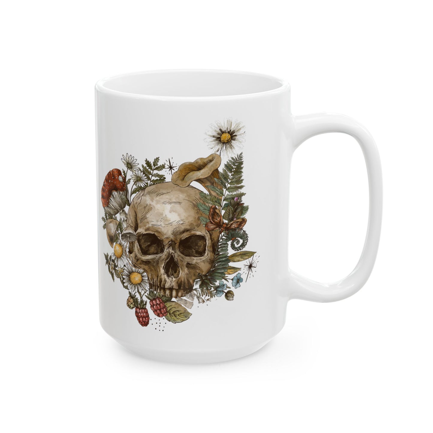 Floral Skull Coffee Mug — Vintage Wildflower & Fungi Ceramic Mug (11oz, 15oz)