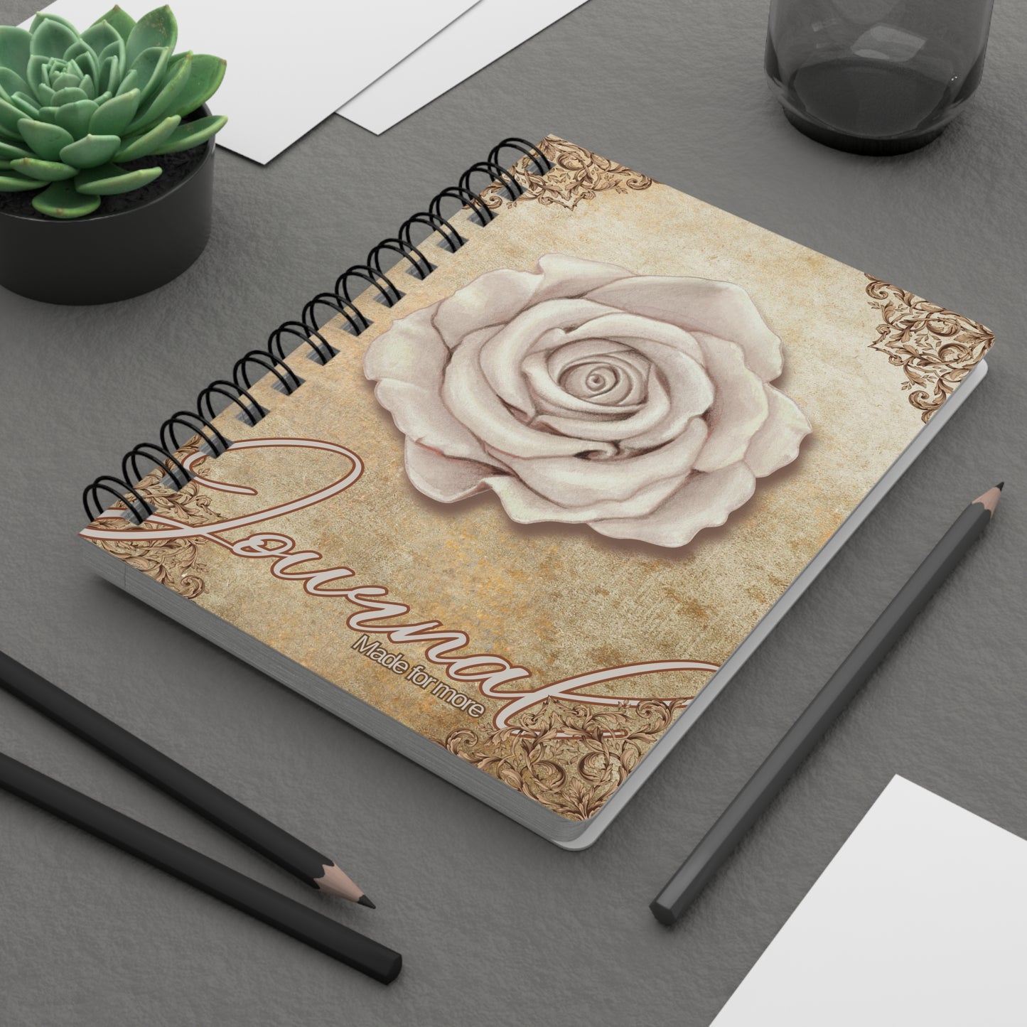 Personalize, Elegant Floral Spiral Bound Journal with Rose Design
