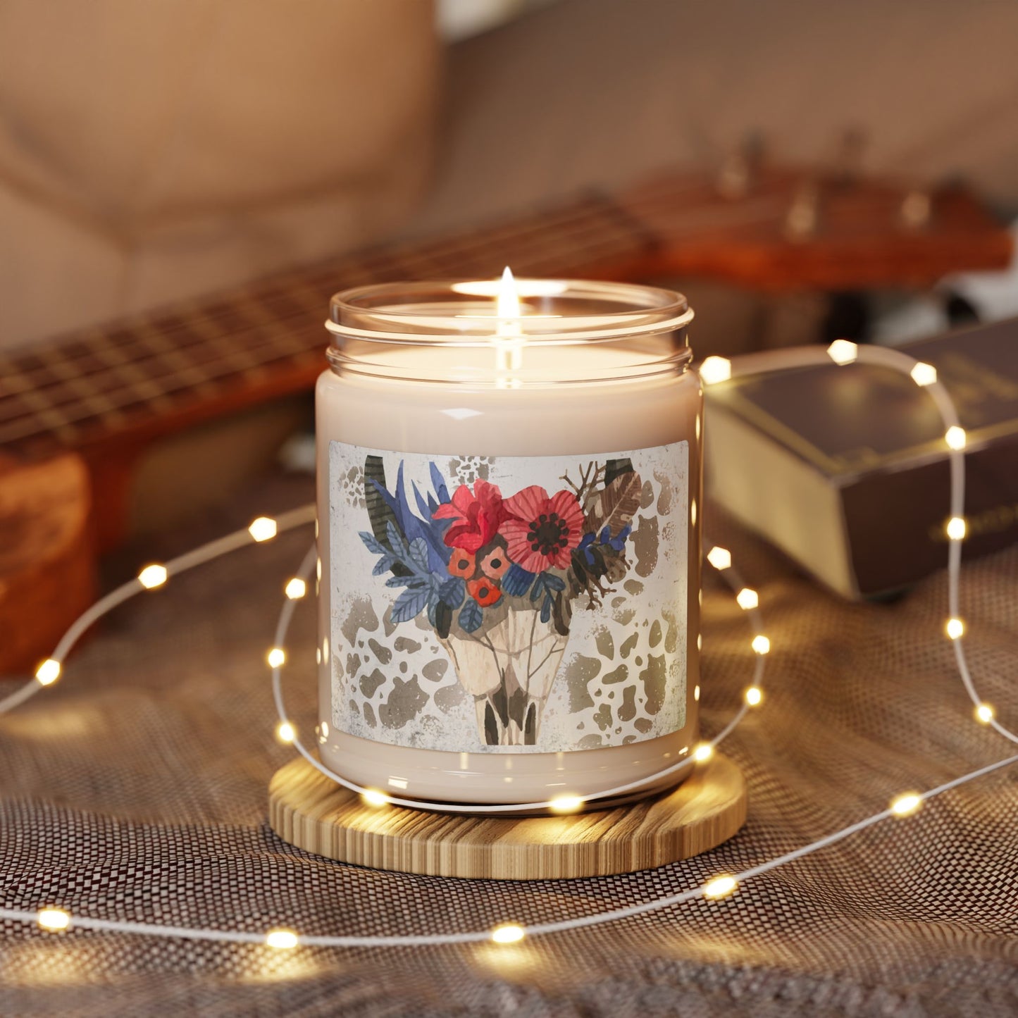 Scented Soy Candle, 9oz, floral cow skull, floral cow, cow skull candle, southwestern design