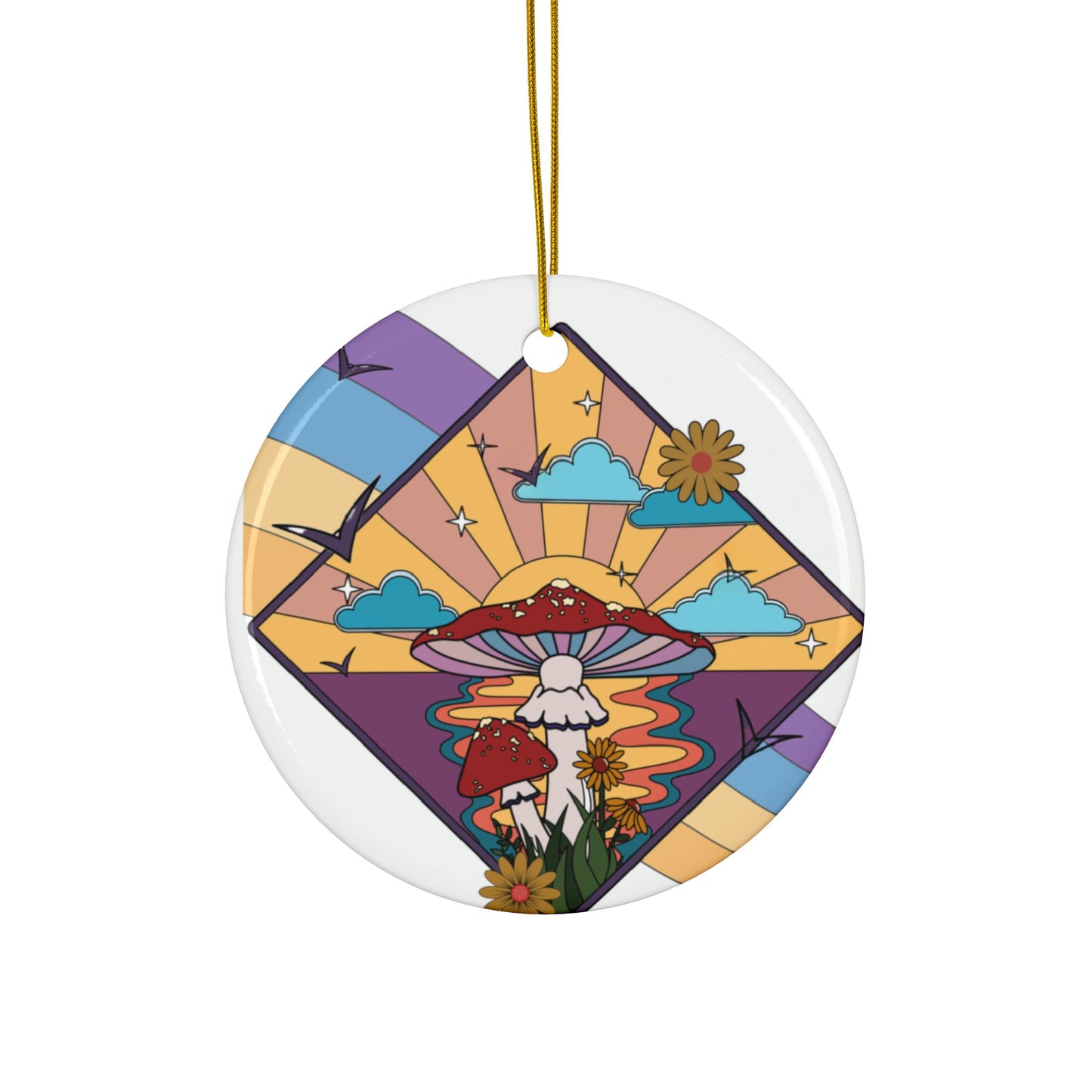 Boho Ornament, Bohemian Style Ornament, Sunset Mushroom Ceramic Ornaments, Whimsical Nature Decor, Holiday Gift, Home Decor, Double-Sided Print, Seasonal Ornament