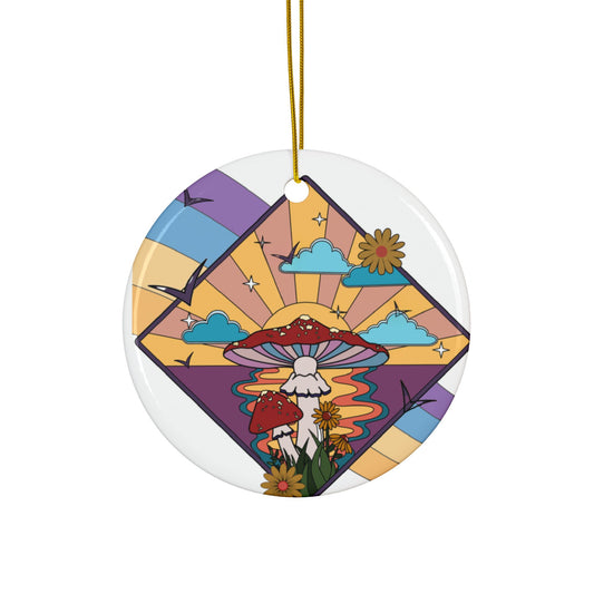 Boho Ornament, Bohemian Style Ornament, Sunset Mushroom Ceramic Ornaments, Whimsical Nature Decor, Holiday Gift, Home Decor, Double-Sided Print, Seasonal Ornament