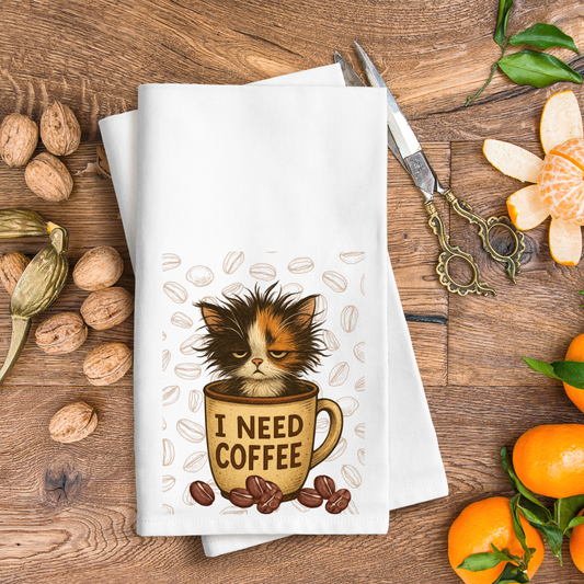 I Need Coffee Waffle Weave Towel, Kitchen Cat Towel, Coffee Towel