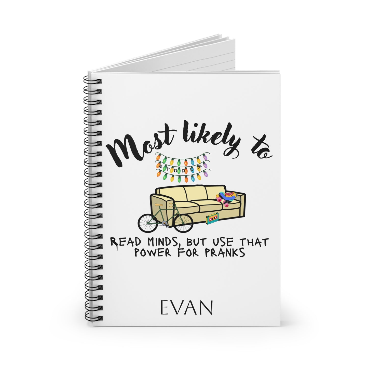 ADD NAME IN CART.  Stranger, Things, Couch, Christmas lights, Fun Spiral Notebook for Pranksters, Personalized Gift, Most Likely to Read Minds, Back to School, Creative Journal, Quirky Stationery, [...]