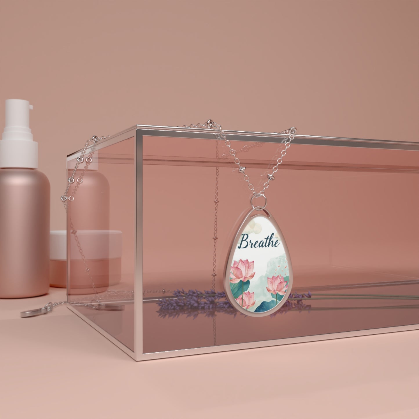 Inspirational Floral Oval Necklace - 'Breathe' Pendant