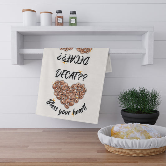 Coffee Lover's Tea Towels - Bless Your Heart Decaf Design, Tea Towel With Coffee