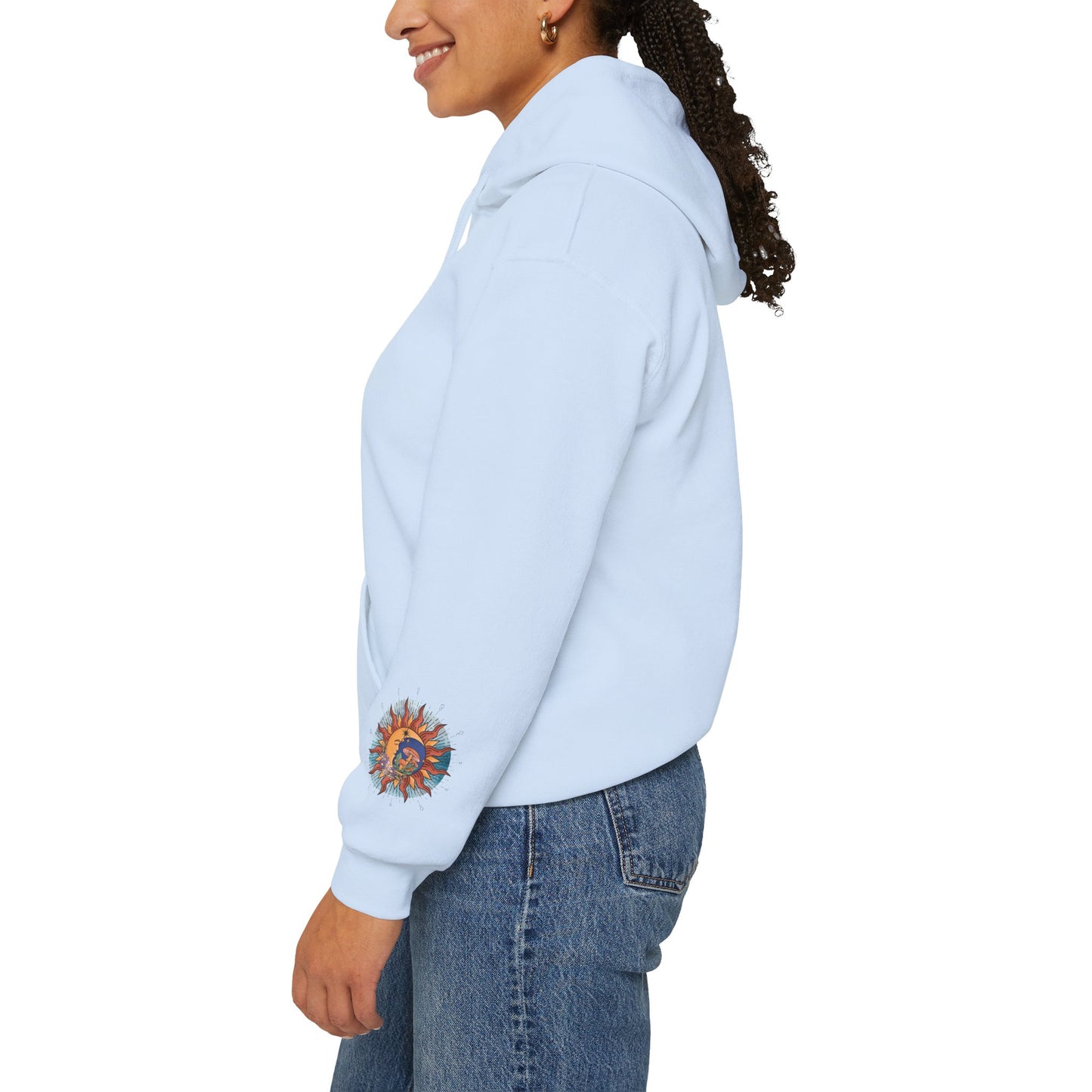 Sun and Moon Boho Hoodie — Colorful Celestial Graphic Sweatshirt