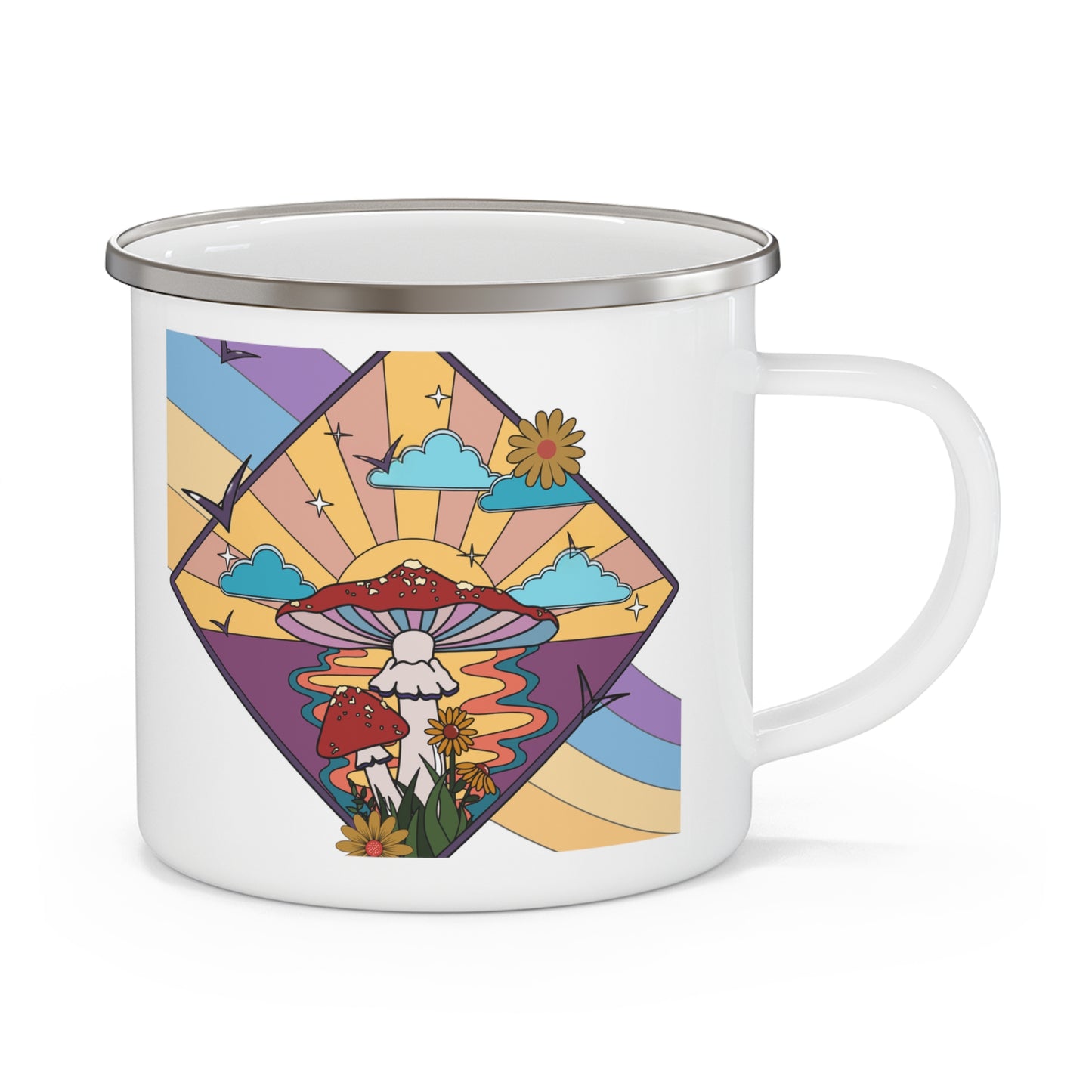 Vintage-Inspired Enamel Camping Mug with Retro Mushroom Design