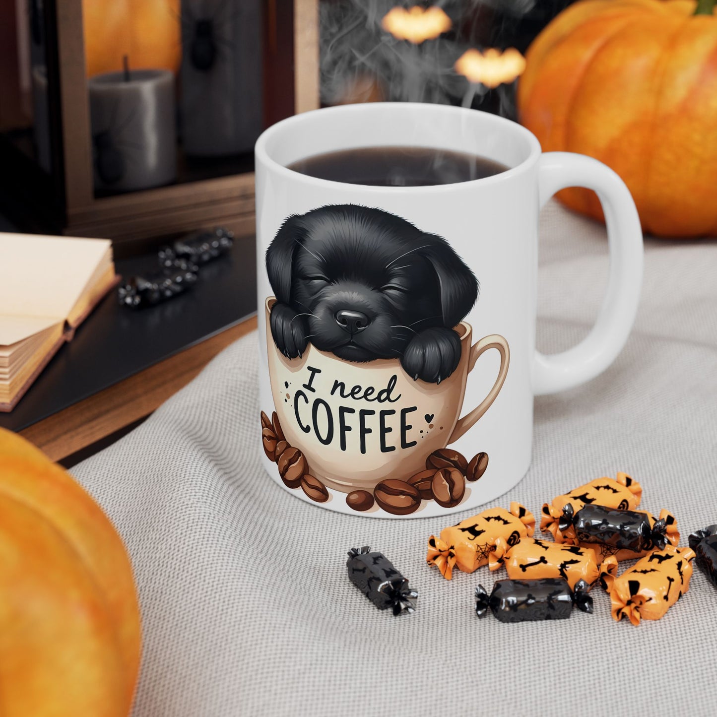 Personalized Puppy Coffee Mug - Cute Cat in Cup Illustration, "I Need Coffee" Ceramic Mug (11oz/15oz)