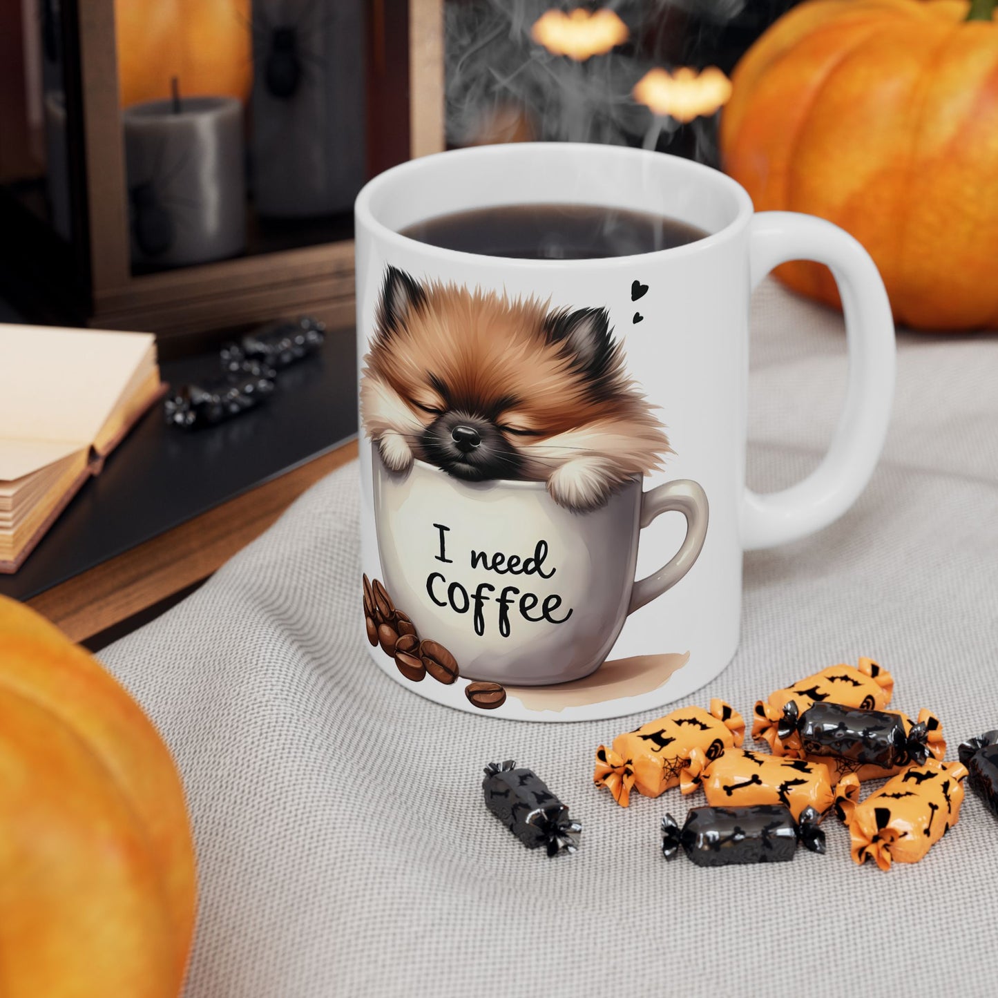 Cute Pomeranian Coffee Mug – "I Need Coffee" Ceramic Mug (11oz/15oz)