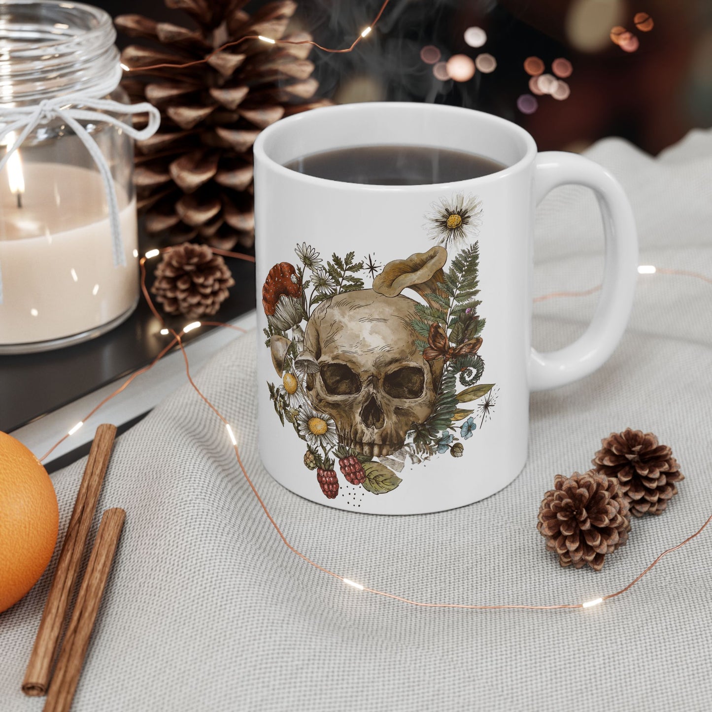 Floral Skull Coffee Mug — Vintage Wildflower & Fungi Ceramic Mug (11oz, 15oz)