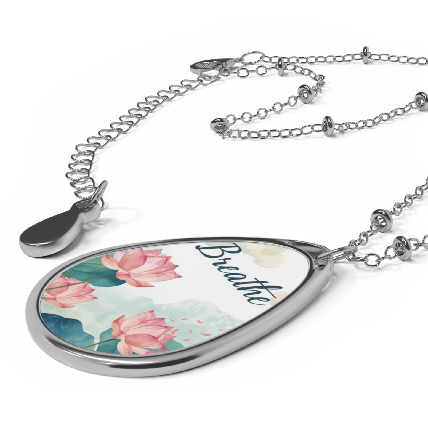 Inspirational Floral Oval Necklace - 'Breathe' Pendant