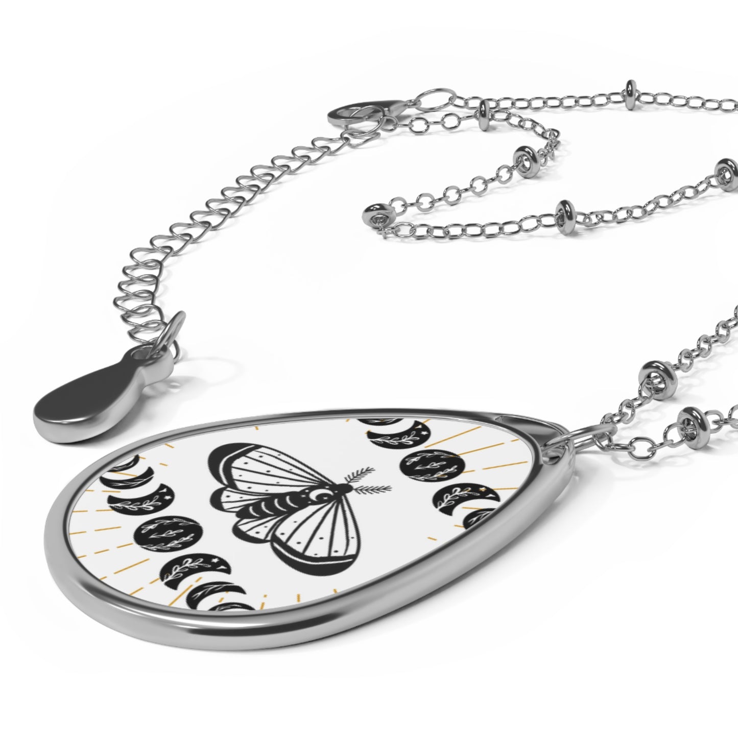 Celestial Moth Oval Necklace - Bohemian Moon Phase Jewelry, Celestial Necklace, Butterfly Necklace