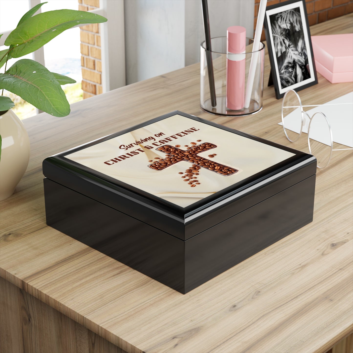 Christian-Inspired Keepsake Box, Christ & Caffeine, Faith-Inspired Jewelry Box with Christ & Caffeine Design