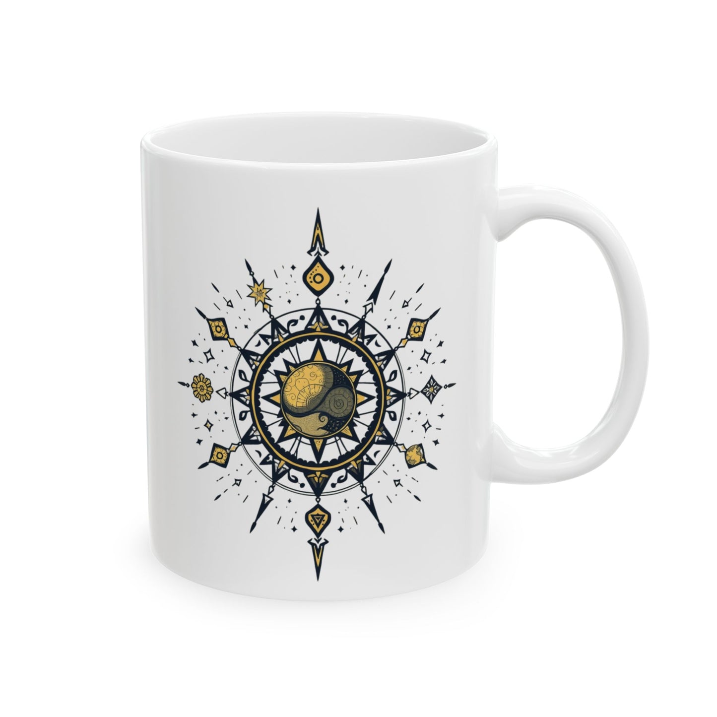 Personalize Boho Sun & Stars Ceramic Mug — Illustrated Mandala Coffee Cup (11oz/15oz)