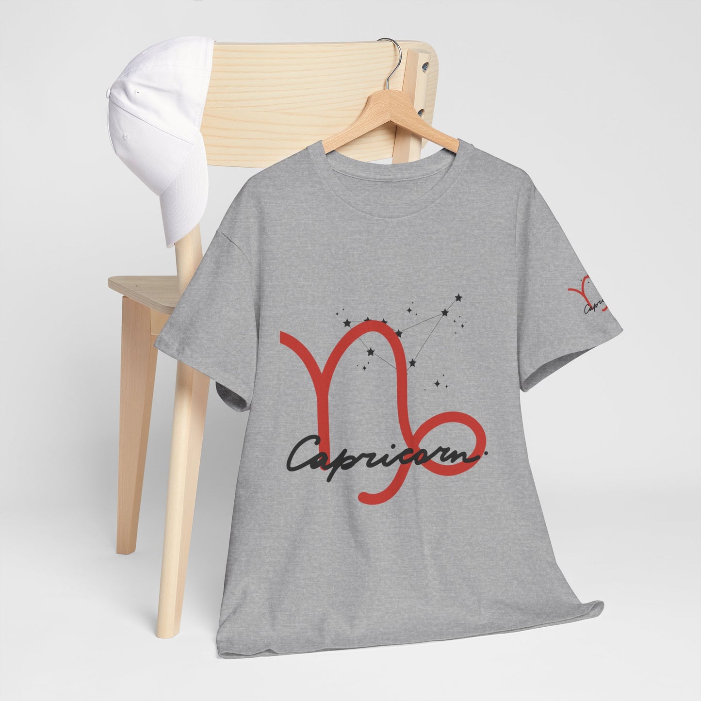 Capricorn Zodiac Tee – Red Capricorn Symbol with Script