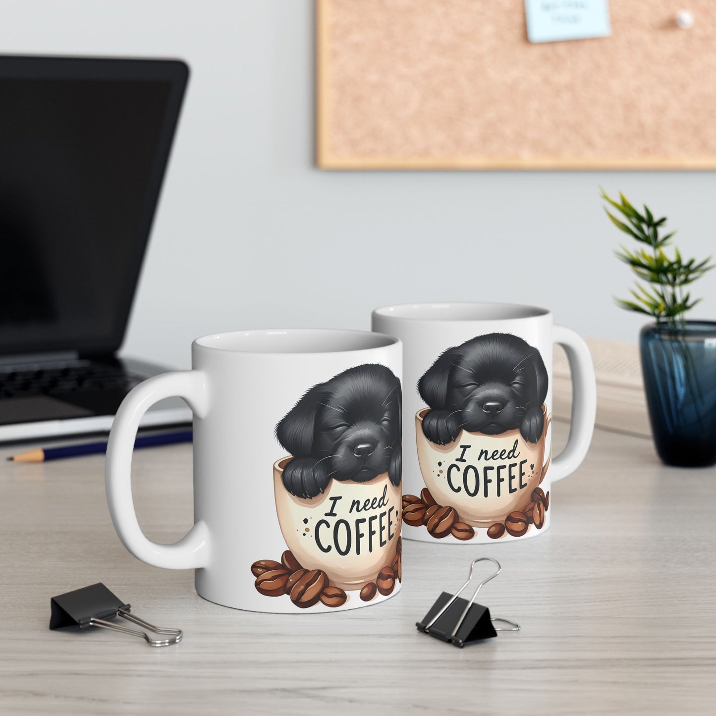 Personalized Puppy Coffee Mug - Cute Cat in Cup Illustration, "I Need Coffee" Ceramic Mug (11oz/15oz)