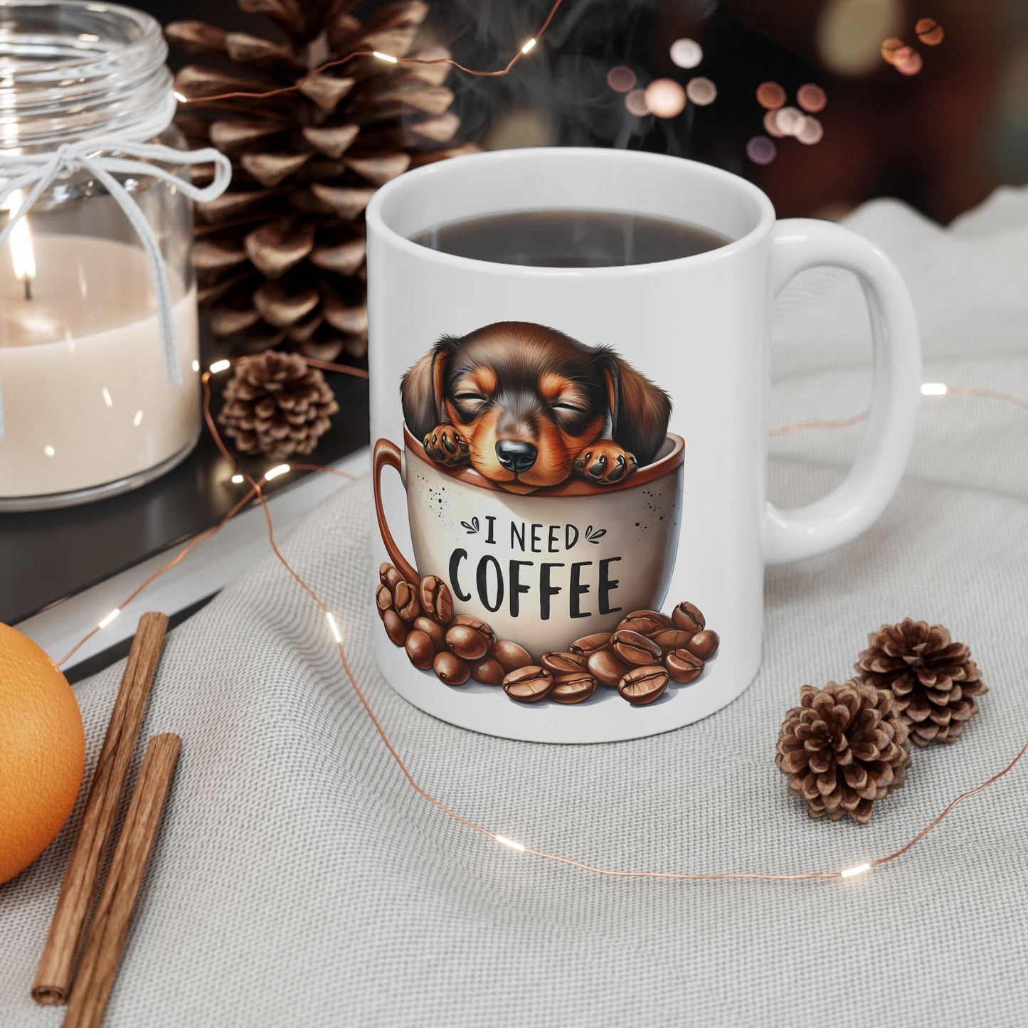 Personalized Coffee Mug with Dachshund Design — "All I Need Is Coffee" Ceramic Mug (11oz/15oz)
