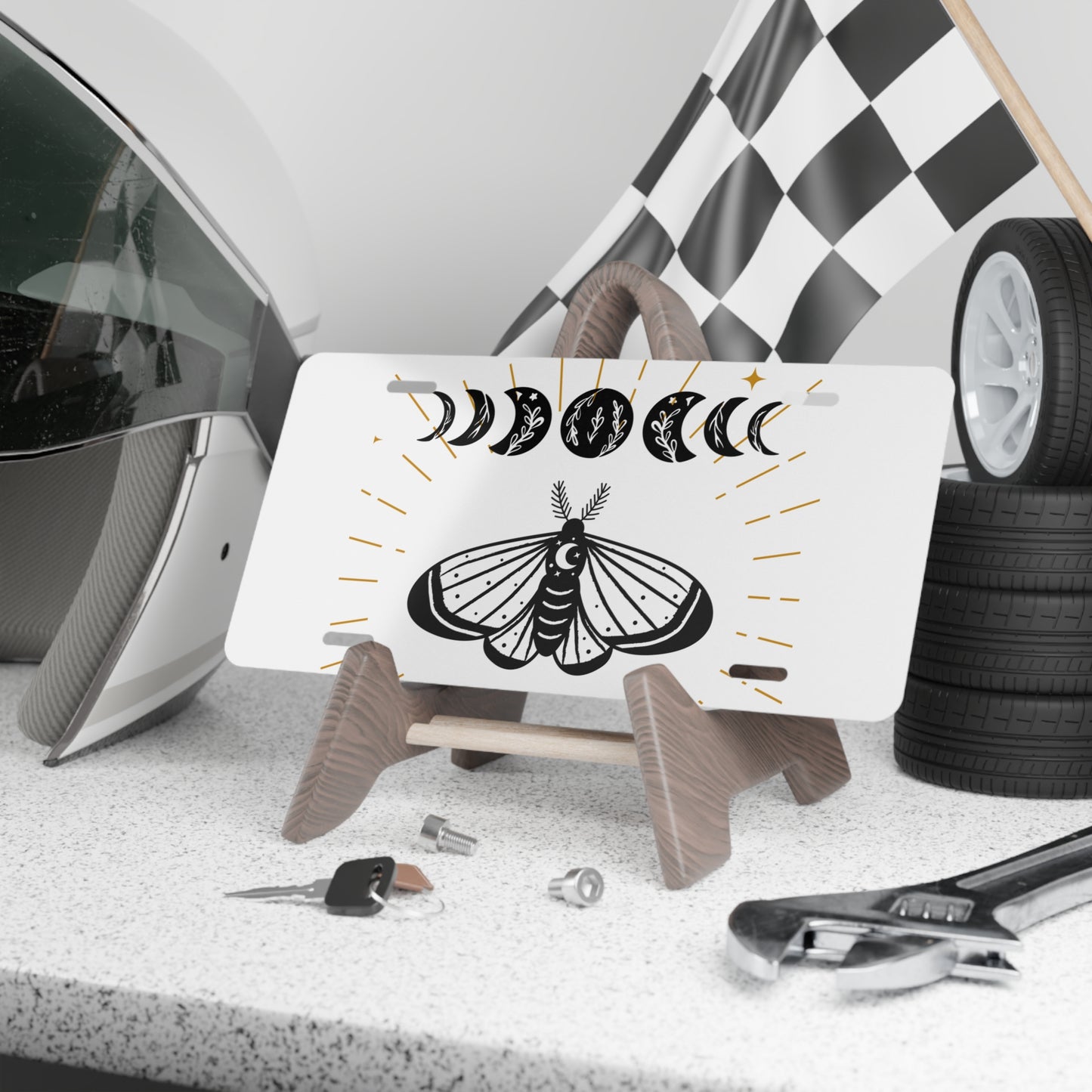Moon Phases & Moth Vanity Plate, Custom Car Decor, Unique Gift for Her, Celestial Car Accessories, Birthday or New Home Present