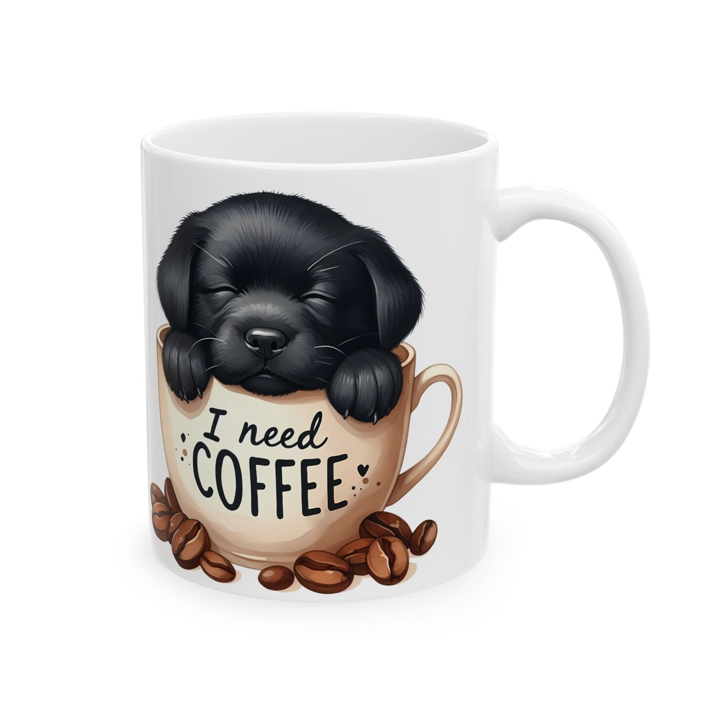 Personalized Puppy Coffee Mug - Cute Cat in Cup Illustration, "I Need Coffee" Ceramic Mug (11oz/15oz)