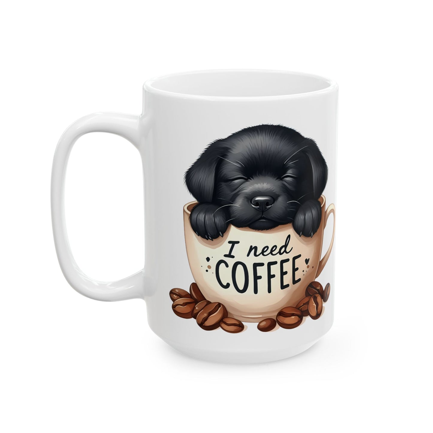 Personalized Puppy Coffee Mug - Cute Cat in Cup Illustration, "I Need Coffee" Ceramic Mug (11oz/15oz)