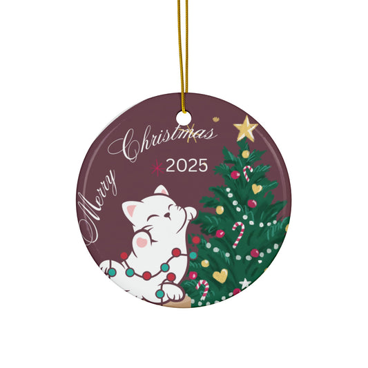Ceramic Ornaments - Anime Style Cat Decorating a Christmas Tree