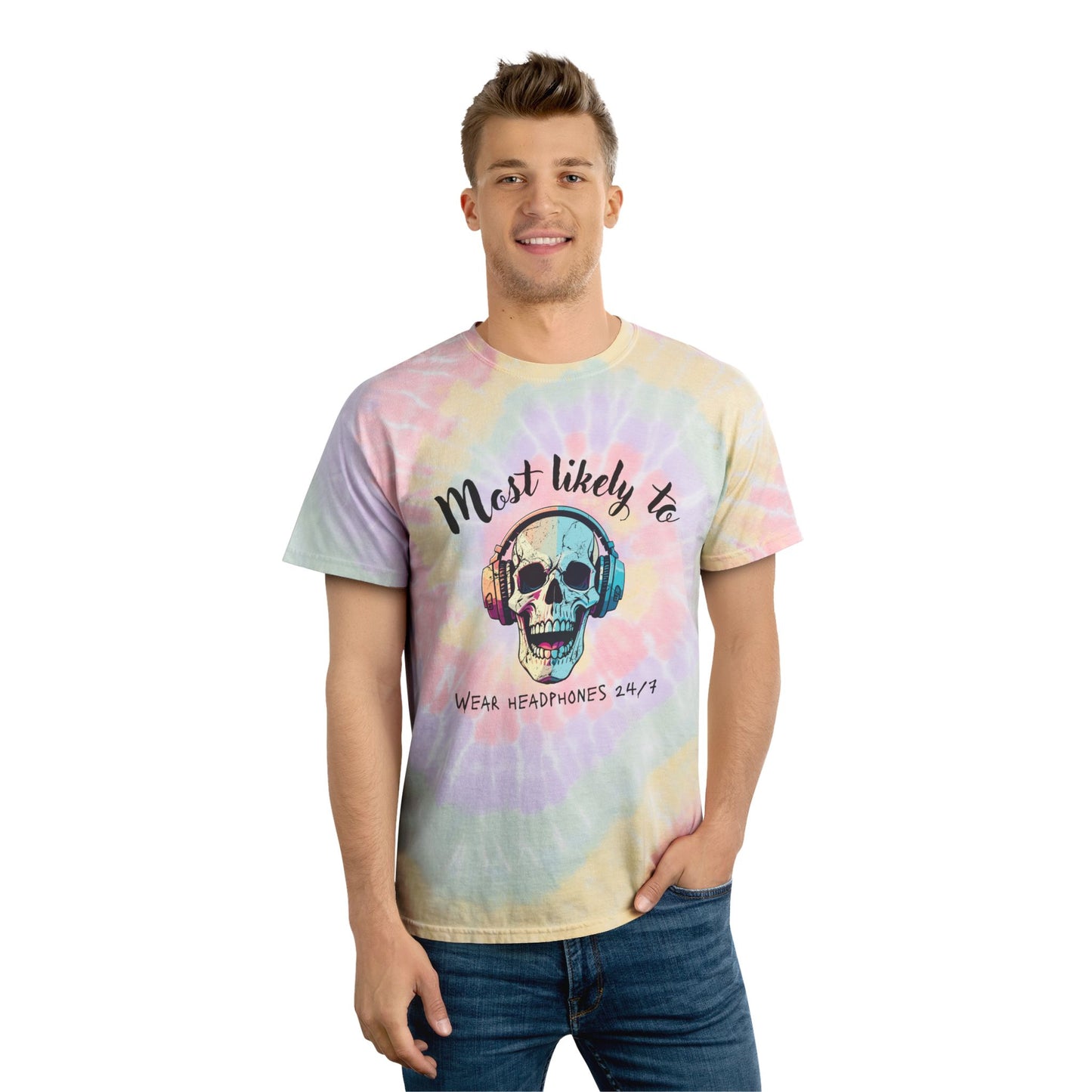 Spiral Tie-Dye Tee with Skull Design – Perfect for Music Lovers, Festival Wear, Casual Style, Unique Gift, Summer Outfits, skull gamer, gamer, headphones