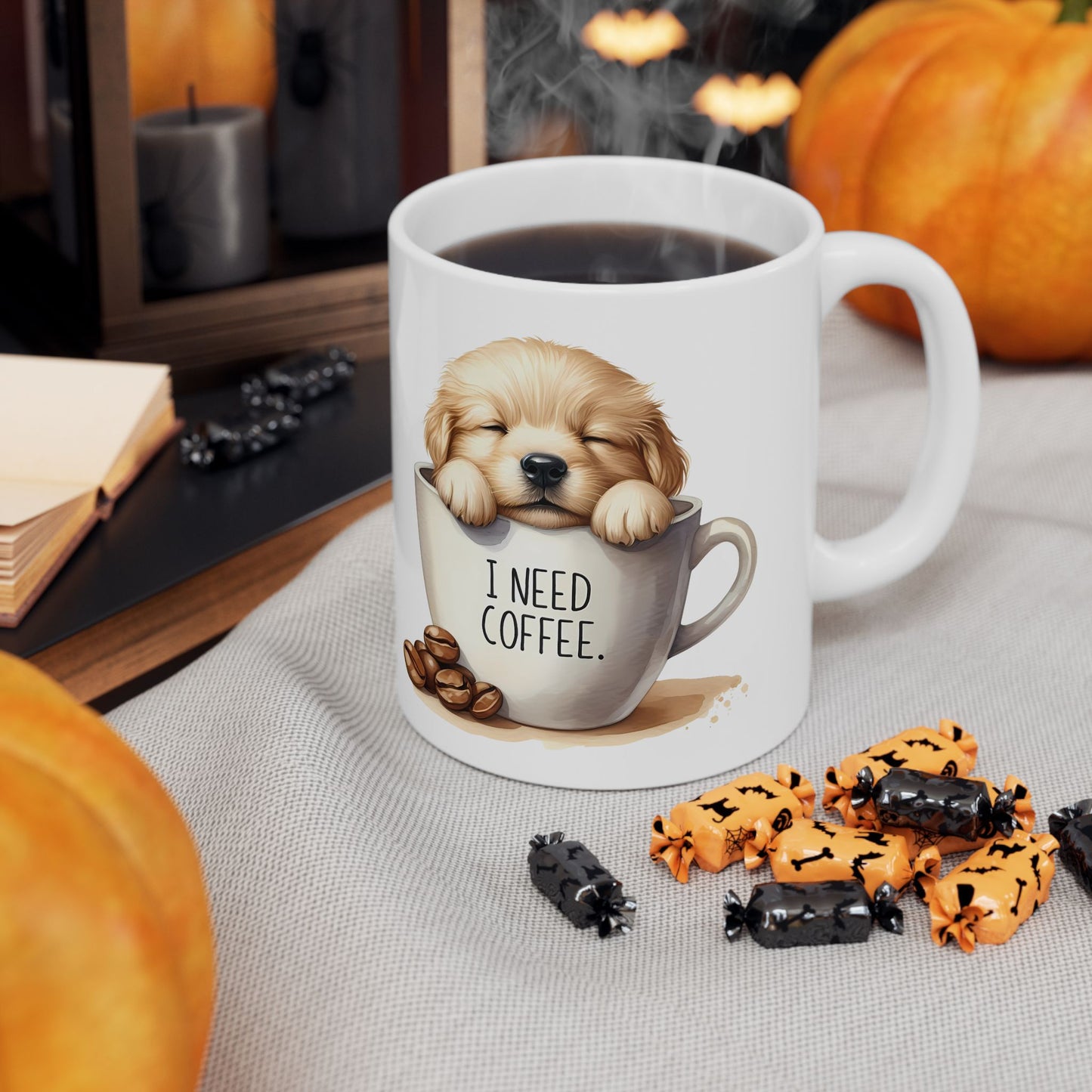 Personalized Lab Puppy Coffee Mug — "I Need Coffee" Ceramic Cup (11oz & 15oz)